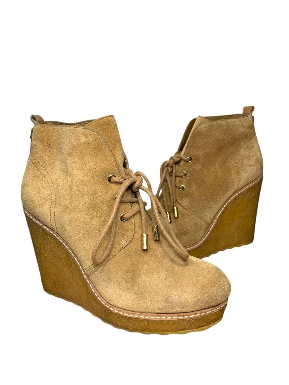 Tory Burch Suede Wedge Platform Boots Tan Camel Sz 8.5 Gum Sole Lace Up Booties
